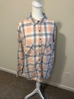 Free People Peach & Navy Mixed Plaid Button Shirt Size Large